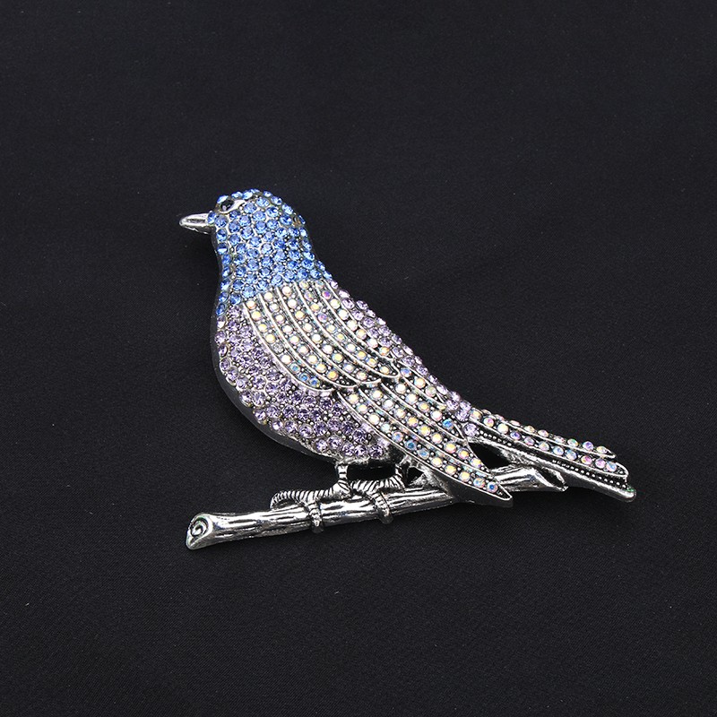 Silver Gradient Blue Purple AB Rhinestone Bird On Branch Brooch Animal Lapel Pin