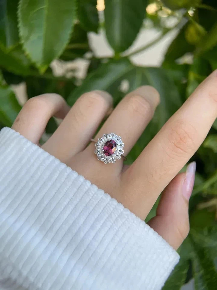 2.80 Ct Oval Natural Garnet Diamond Wedding Ring 14K Real White Gold Size 6 7 8