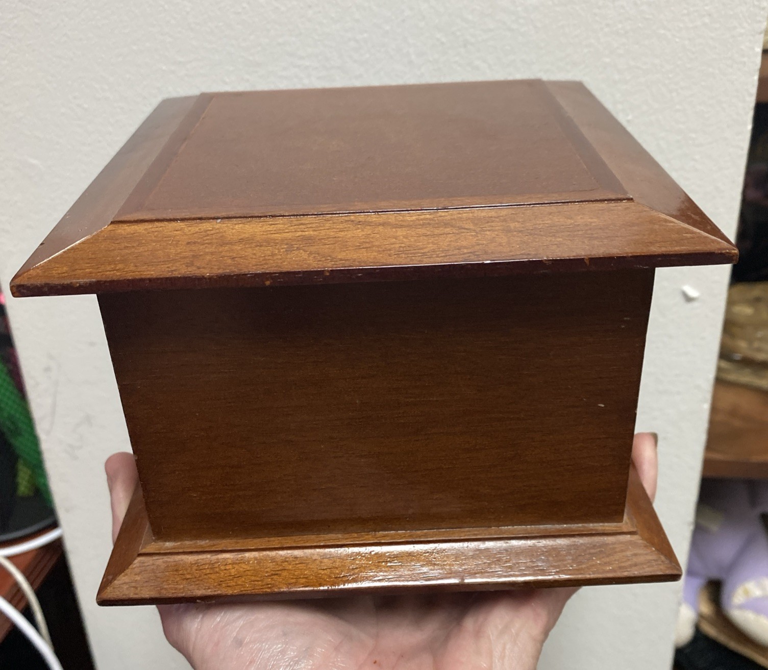 Wooden Jewelry Box 6x6x4″ Hinged Lid Two Levels Mirror Green Velvet Interior