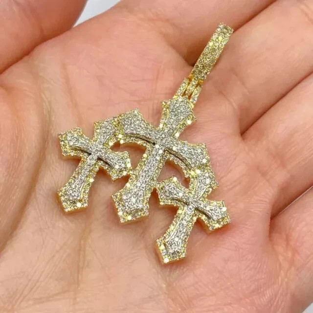 2.50Ct Round Real Moissanite Men’s Triple Cross Pendant 14K Yellow Gold Plated