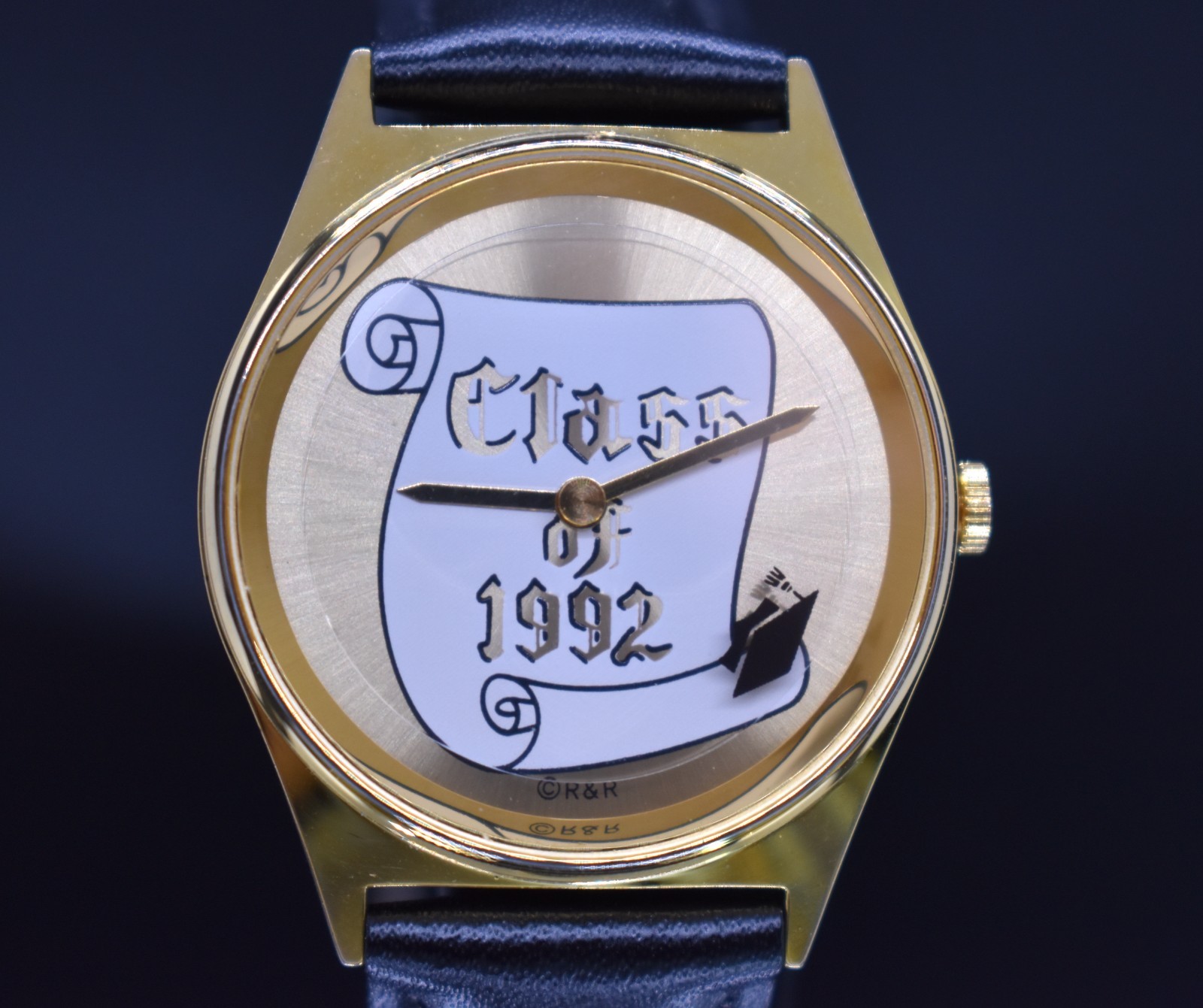 Vtg VALDAWN CLASS OF 1992 Rotating Cap Watch Gold Tone Leather NEW BATTERY BAND