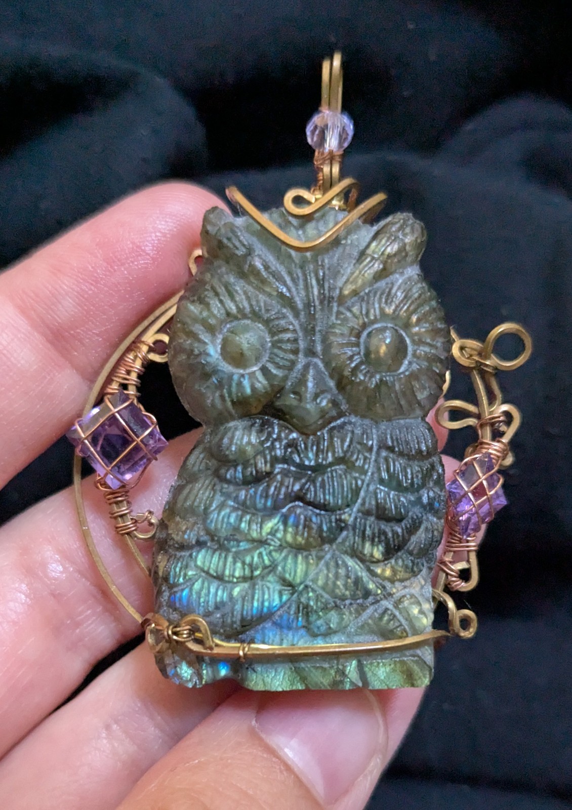 Hand wrapped Labradorite Carved Owl Amethyst Wire Brass Copper