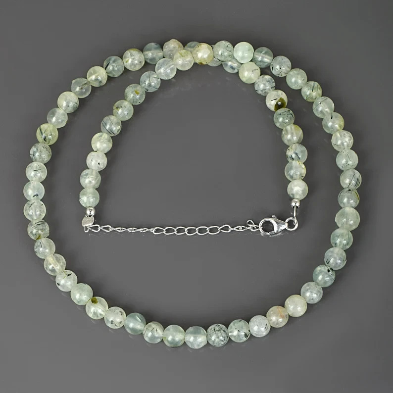 Natural Prehnite 6mm Round Beaded Necklace 925 Sterling Silver Handmade Gift 18″