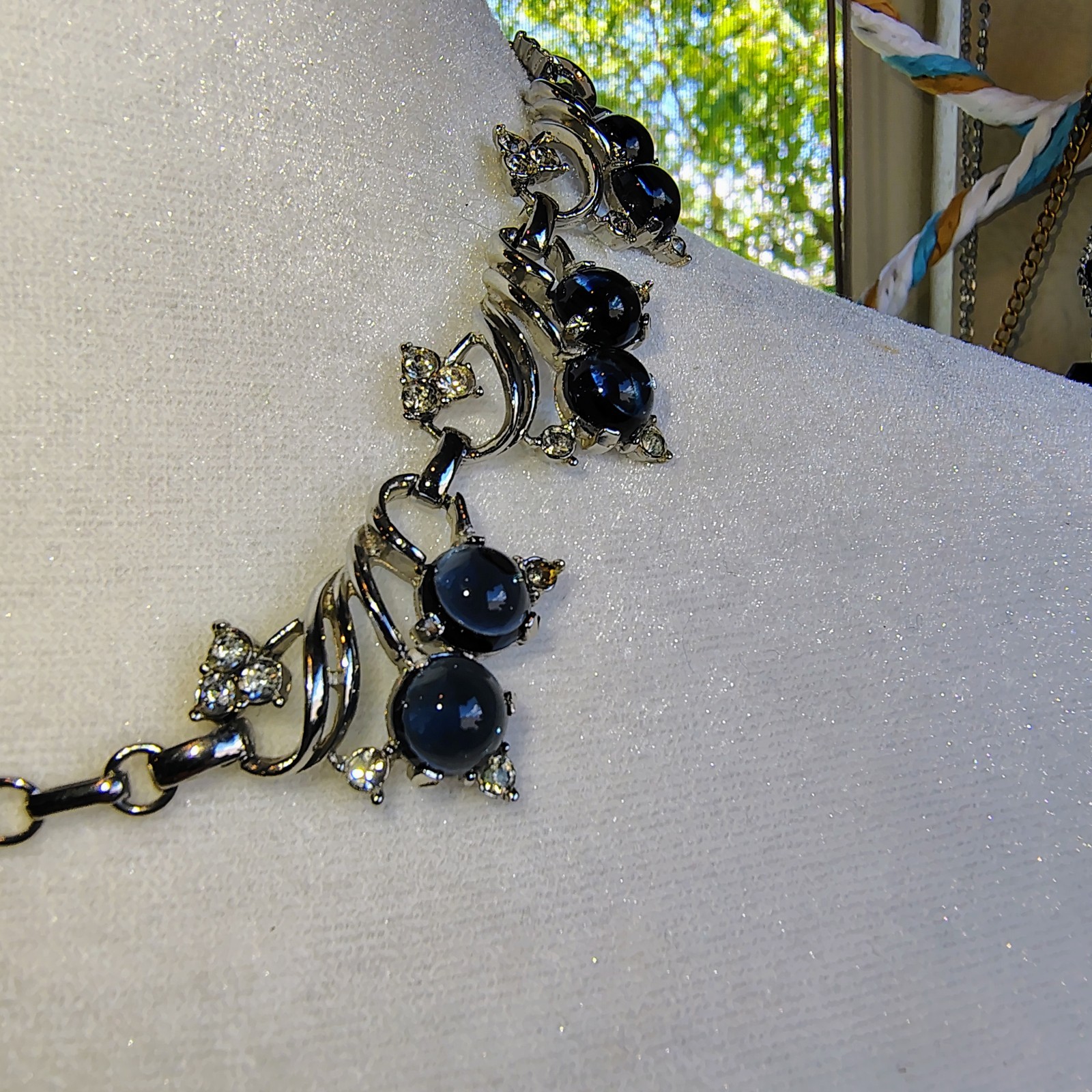 Vintage Blueberry Tutti Fruitti Cabochon & Clear Rhinetone Necklace Silver Toned