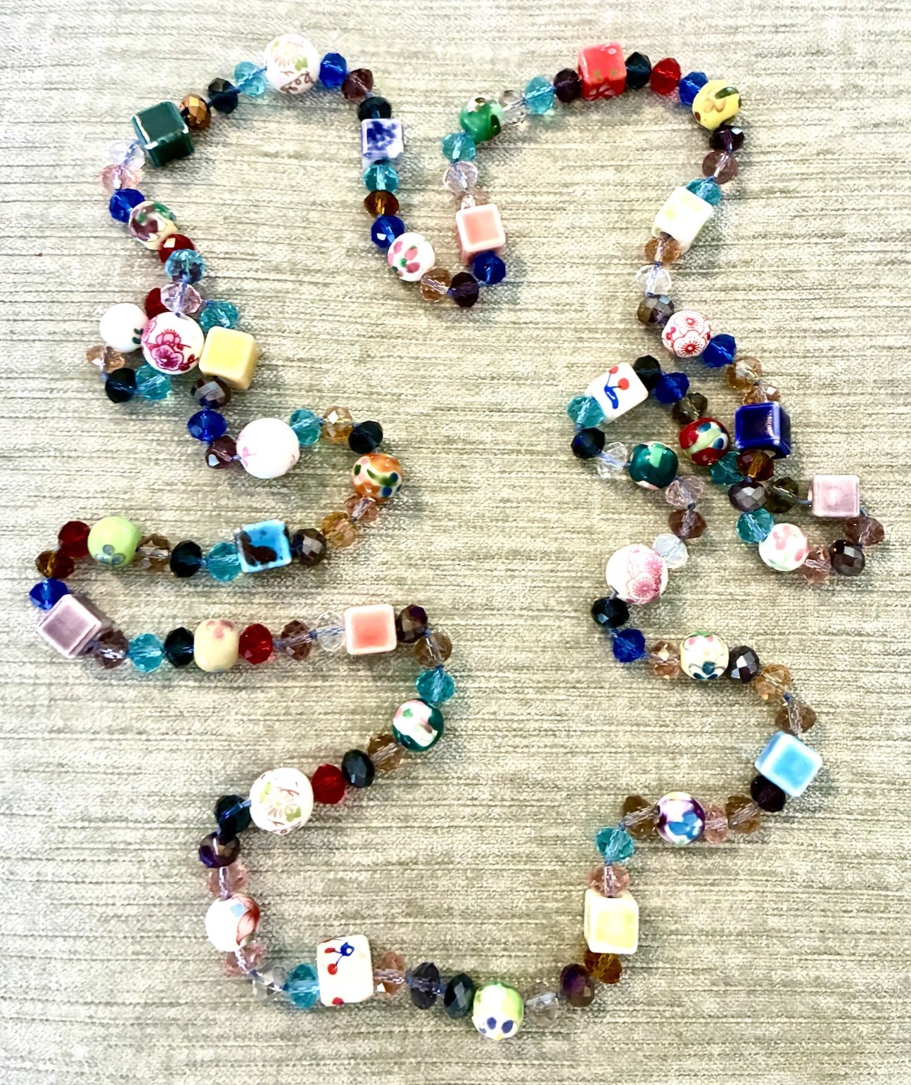 Necklace Colorful Mixed Media~Glass Beads,HandPainted Ceramic Sq/Rnd Beads 22”
