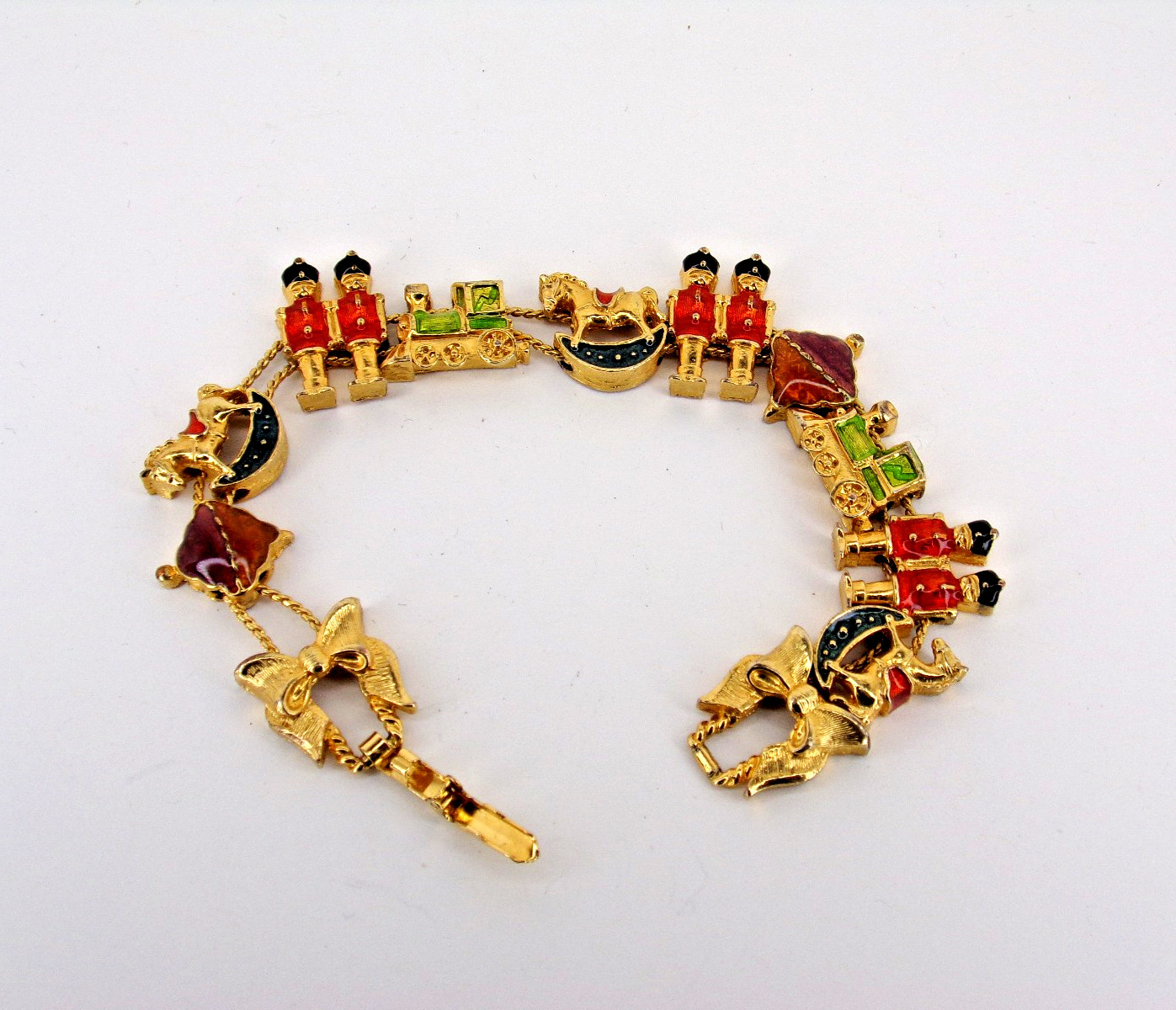 Vintage Christmas Gold Tone Signed S.P. Enamel Nutcracker Ornaments Bracelet