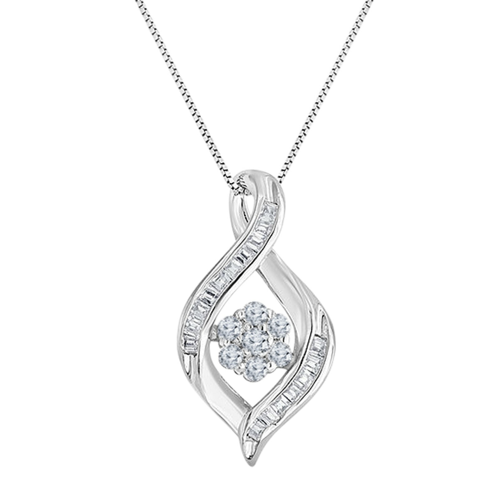 0.20 ct Round & Baguette Simulated blossom Cluster Swirl Pendant Sterling Silver
