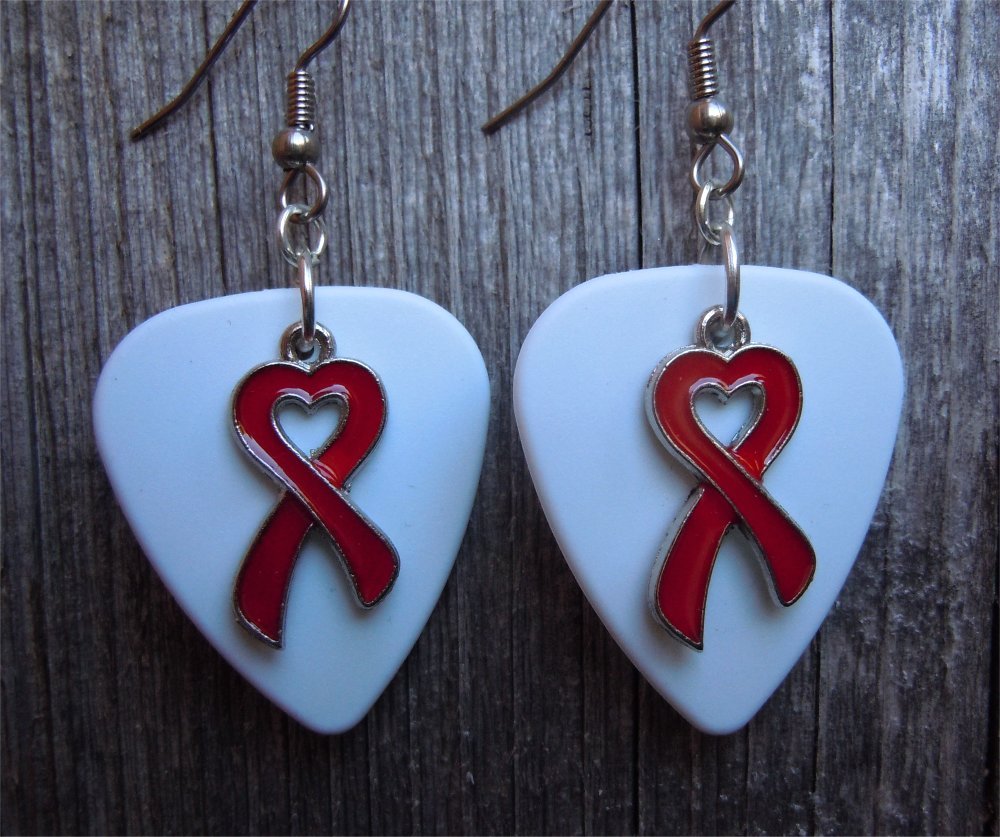 Red Ribbon Heart Charm Guitar Pick Earrings with Surgical Steel Earwires