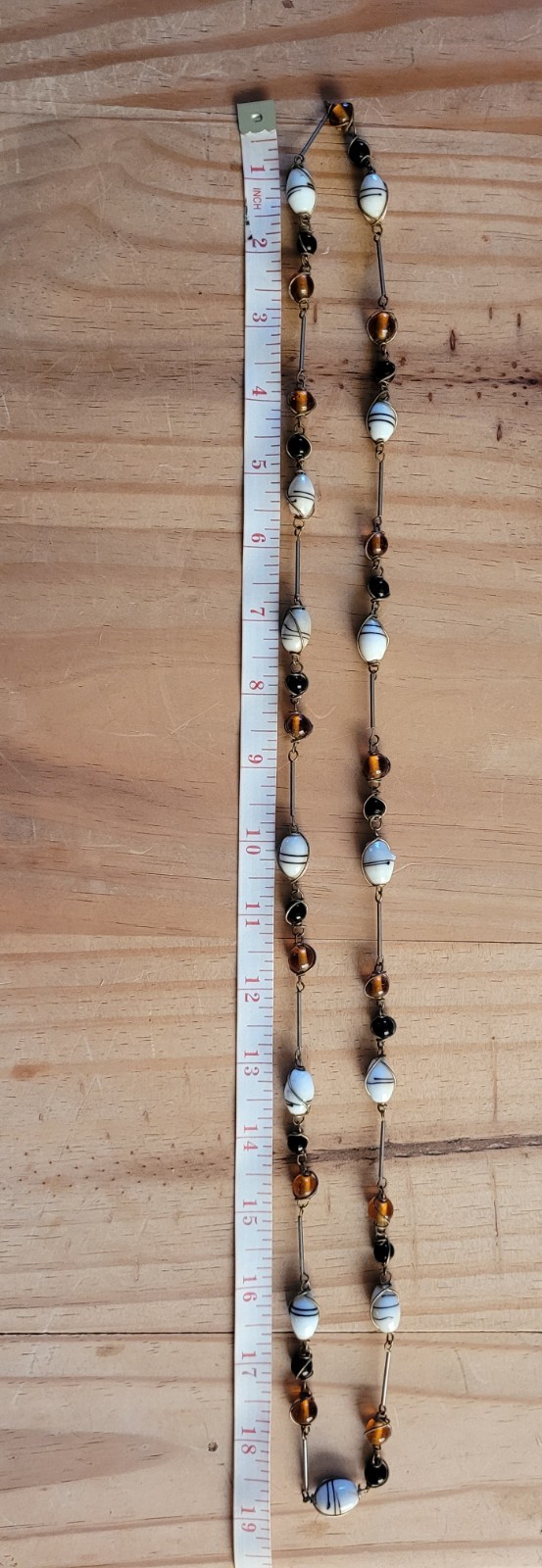 Station Beaded Glass Necklace White Oval Black Stripe & Amber Brown Beads 31-36″