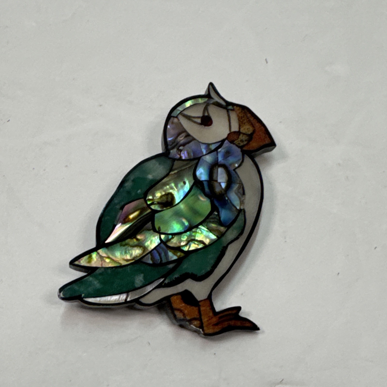 Vintage Abalone Inlay Pin Of A Puffin 2 1/2 Inches