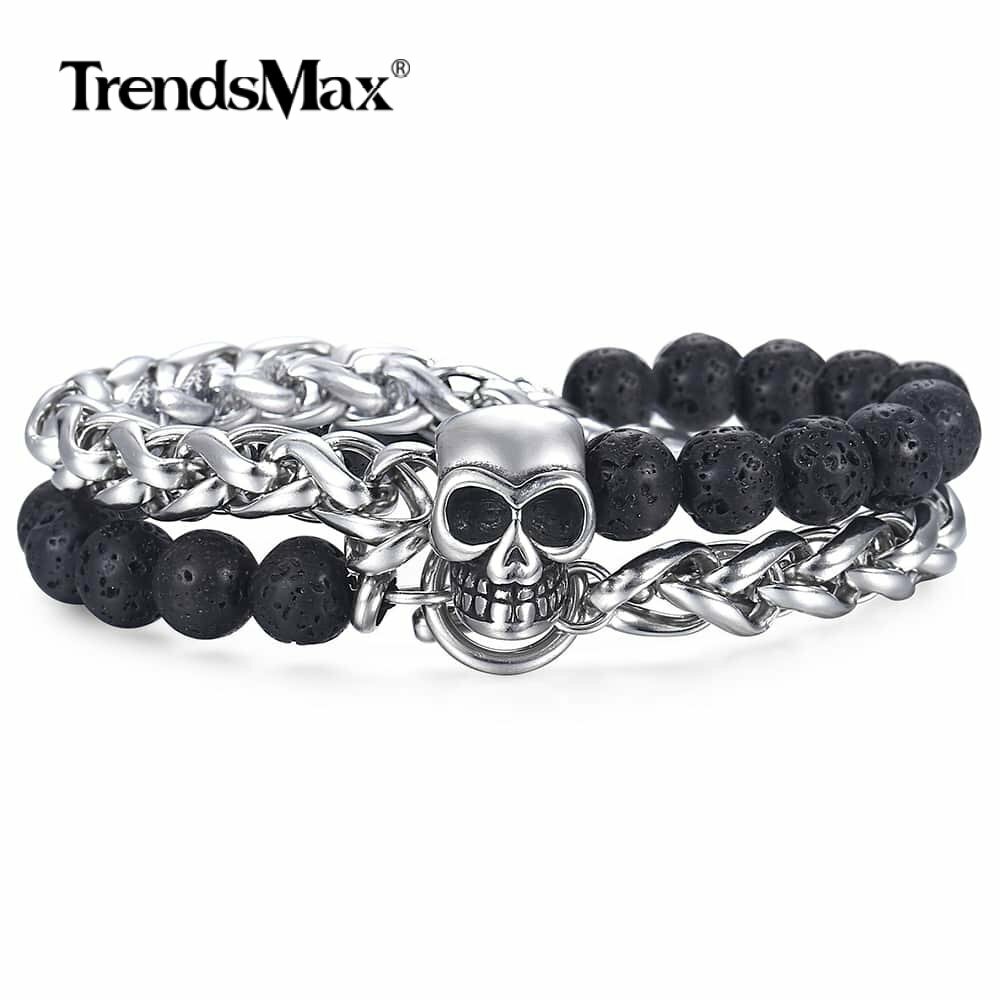 8mm Stainless Steel Skull Charm Wheat Link Bracelet Black Lava Rock Beaded Chain