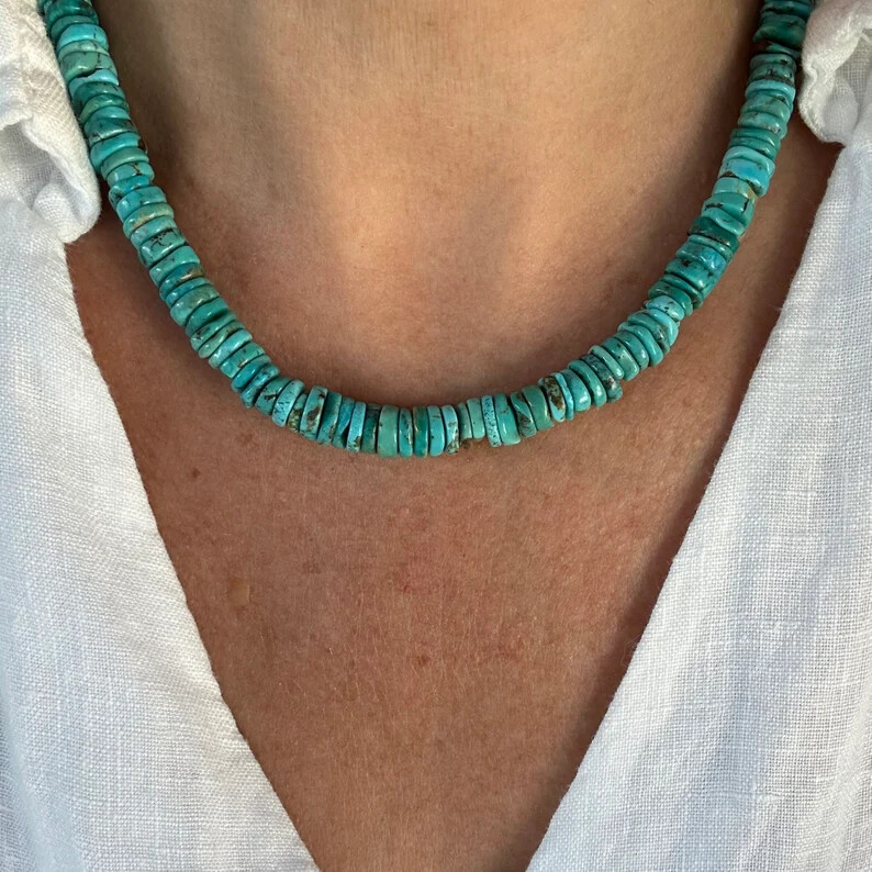 Kingman Arizona Turquoise Blue 10mm Thin Disc Wafer Beaded Rondelle Necklace