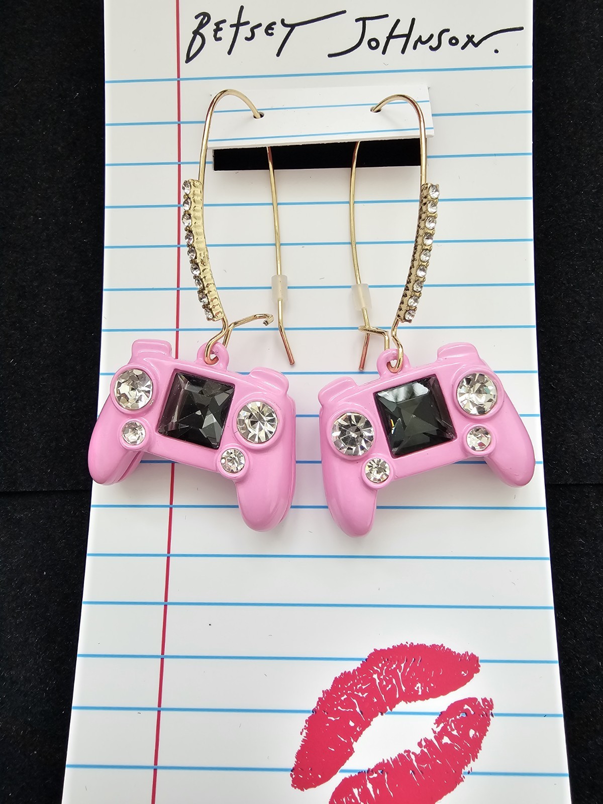 NWT Betsey Johnson Gold Tone & Pink Enamel Video Game Controller Drop Earrings