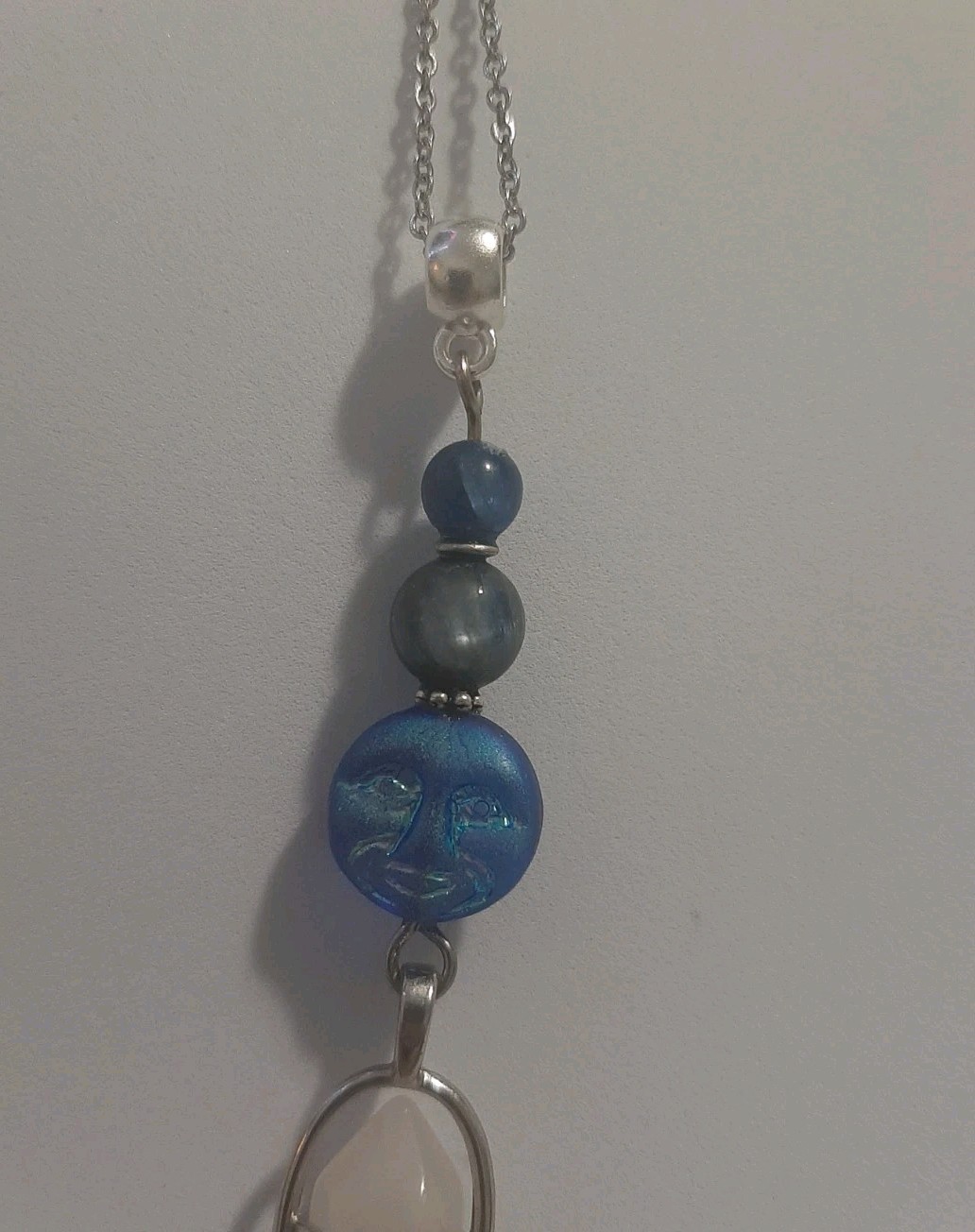 Genuine Milky CLEAR QUARTZ Crystal Point KYANITE Beads Glass Moon Face Pendant