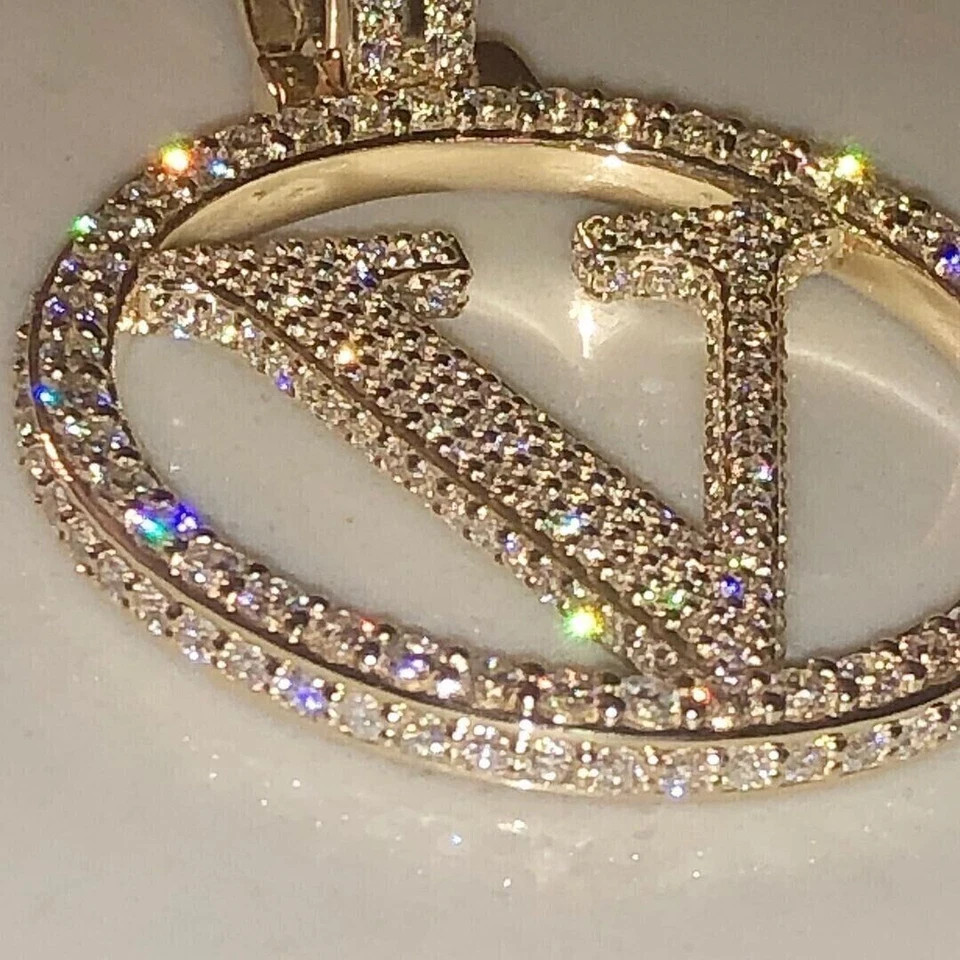 2.20Ct Round Cut Real Moissanite 925 Sterling Silver V Letter & Round Pendant