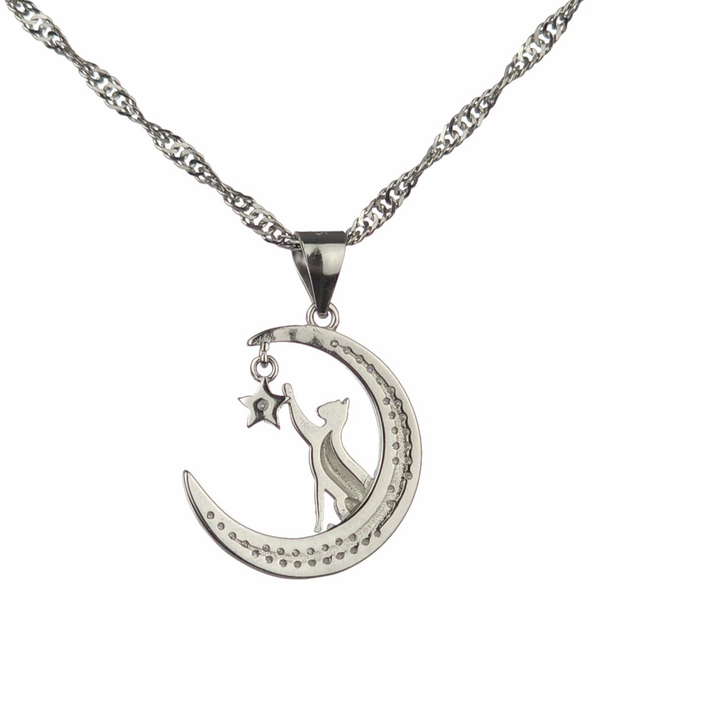 Solid 925 Silver Sparkly Crescent Moon Cat Pendant With 20″ Italy Chain, Pave