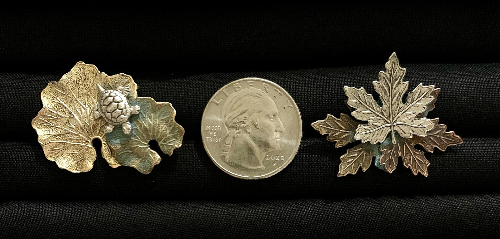 3 Vintage Leaf-Shaped Metal Brooches with Varies Patinas