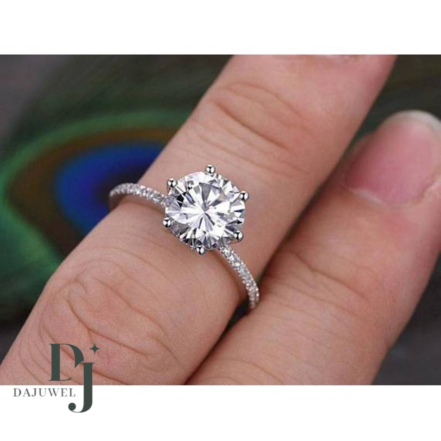 Moissanite Solitaire Engagement Ring Solid 14K White Gold Round Cut 2 Carat VVS1