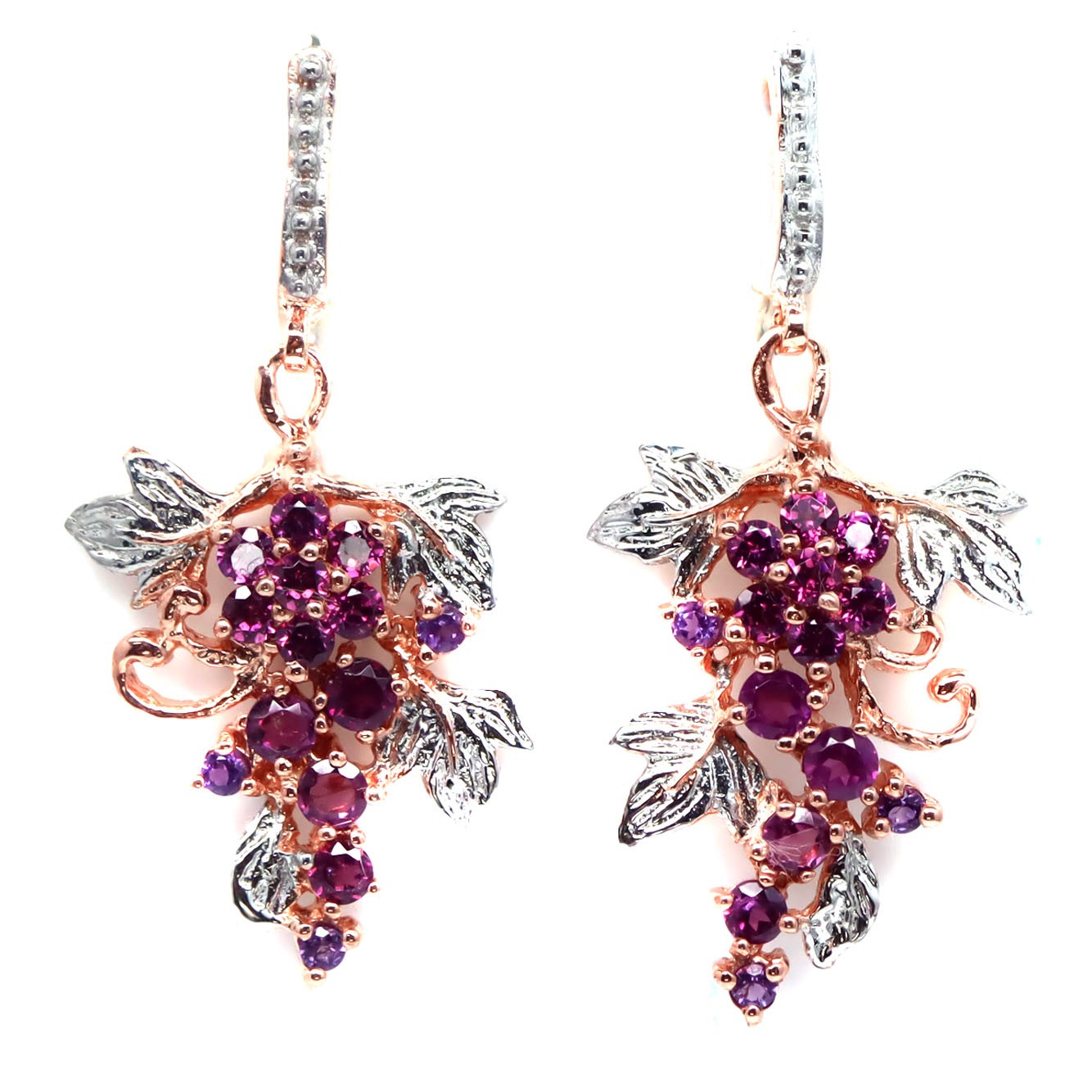925 Sterling Silver Purplish Red Rhodolite Garnet Two Tone Grape Earrings