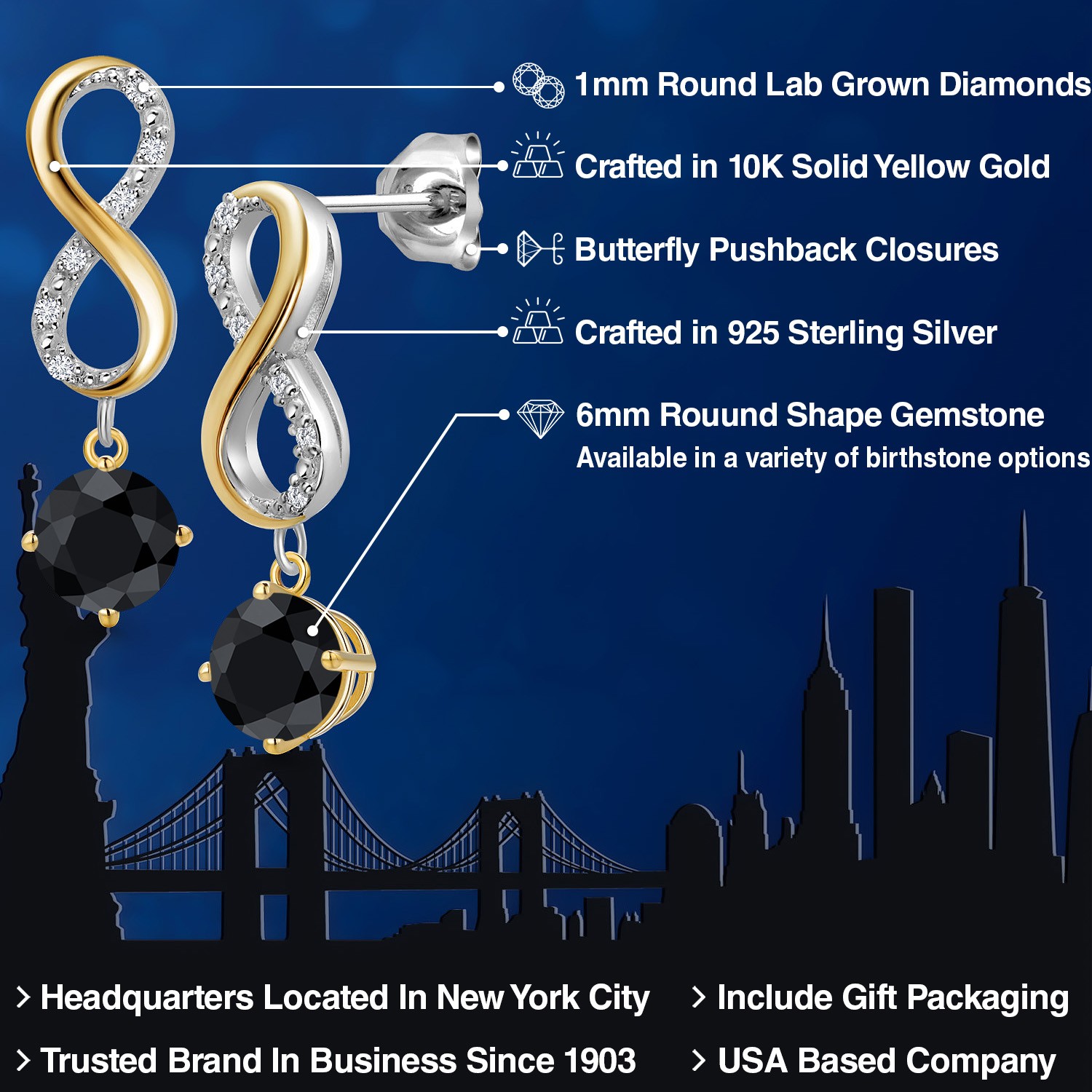 925 Silver and 10K Yellow Gold Black Sapphire and Lab Grown Diamond Dangle