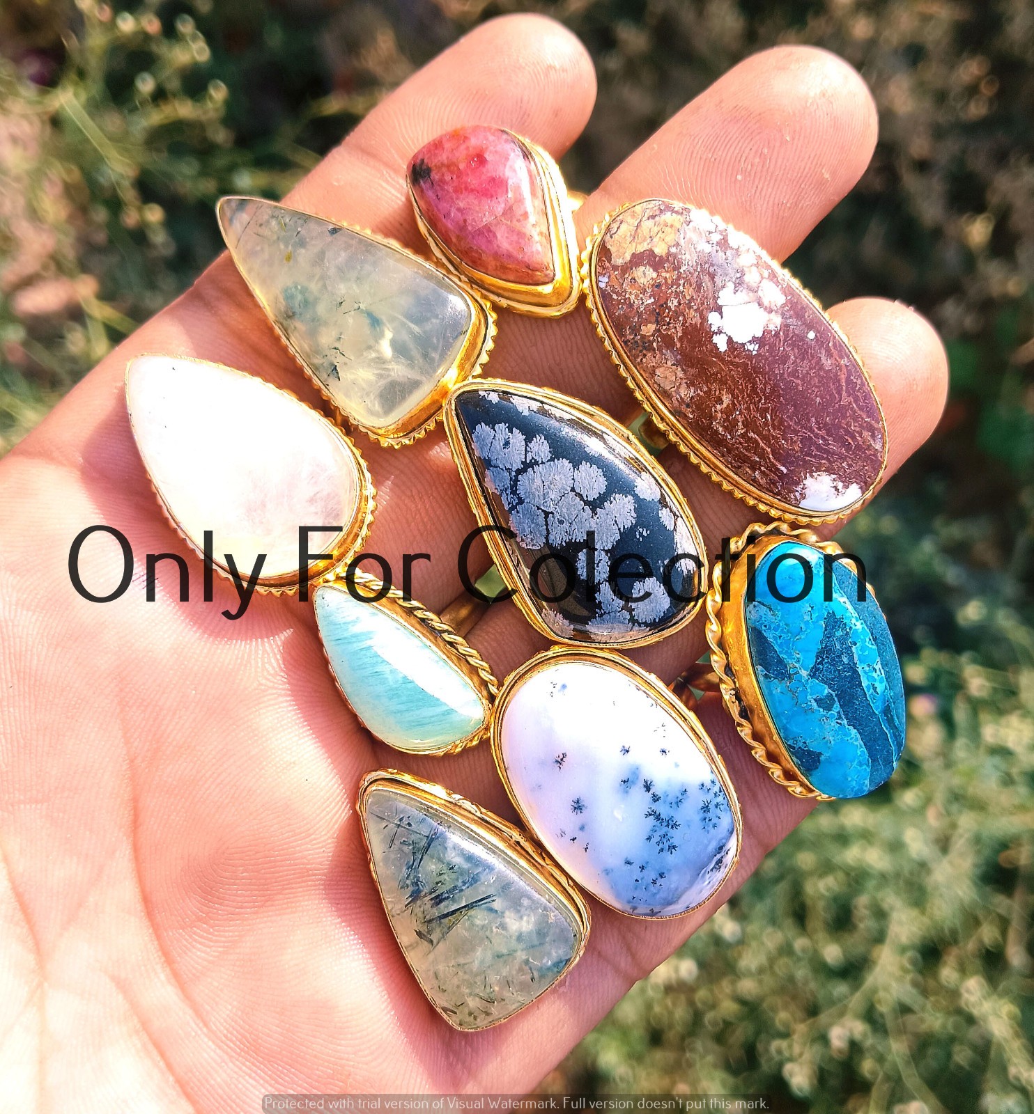 White Dendrite Opal & Mix Gemstone 18k Gold Plated Rings Lot Antique Jewelry