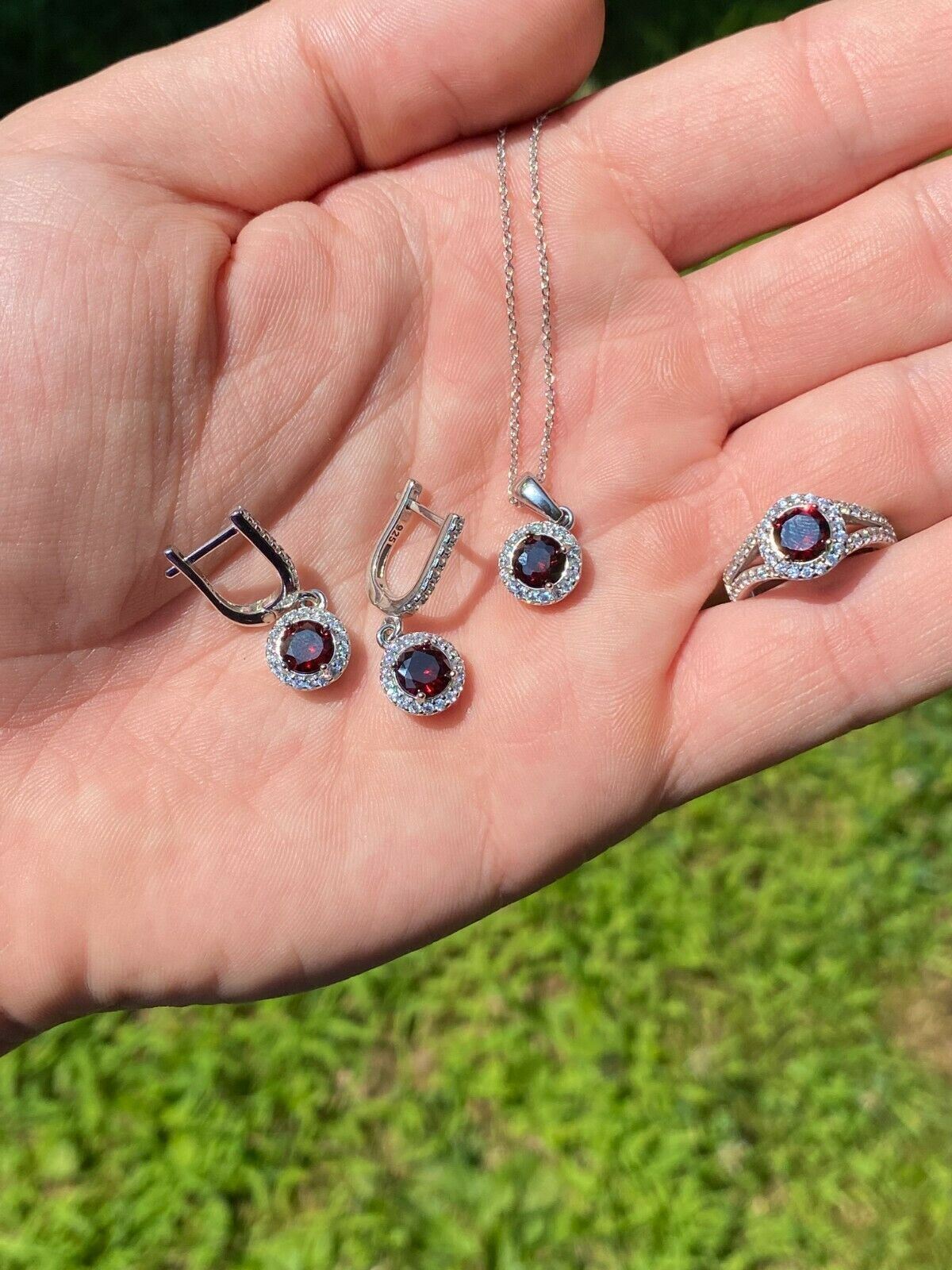 Real 925 Silver Red Ruby & Simulated Diamond Ring Pendant Necklace & Earring Set