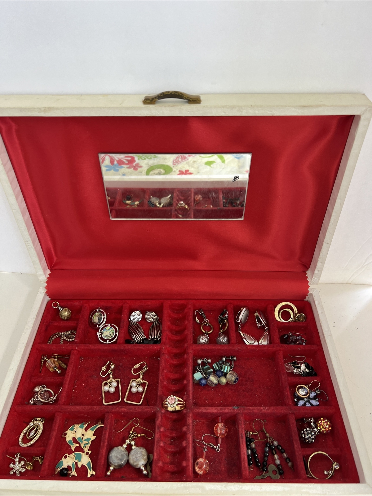 Jewerly Box and Lot of Costume Earrings Some Clip-on Some Pierced Some Single