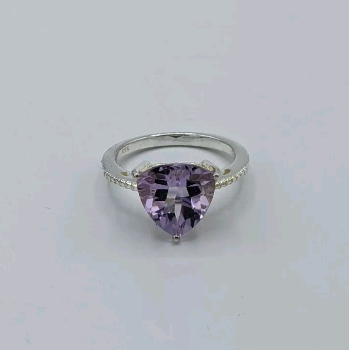 STS Rose De France Amethyst Trillion Cut & CZ Ring in Sterling Silver Size 8.25