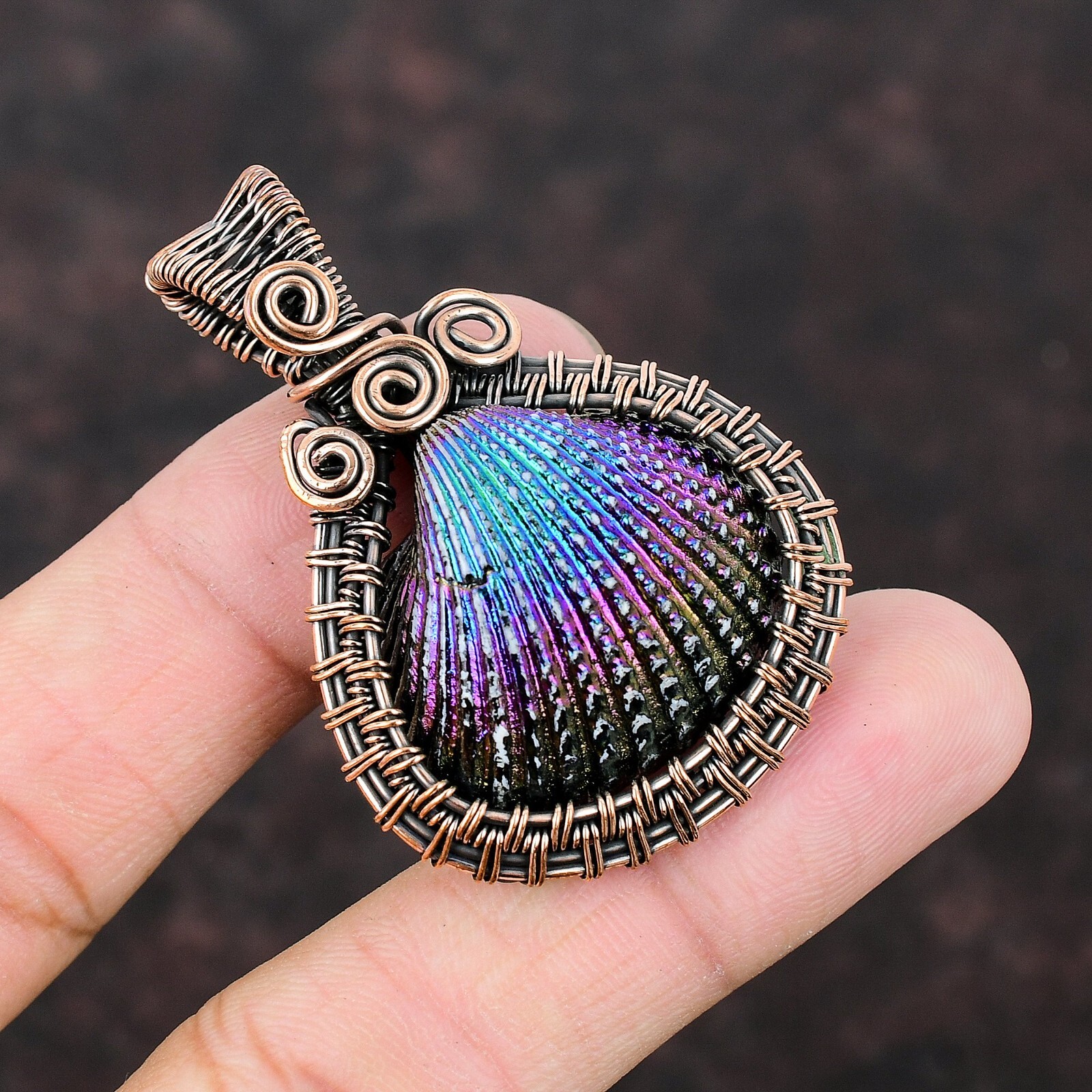 Gift For Women Jewelry Wire Wrapped Pendant Copper Titanium Coated Shell 2.13″