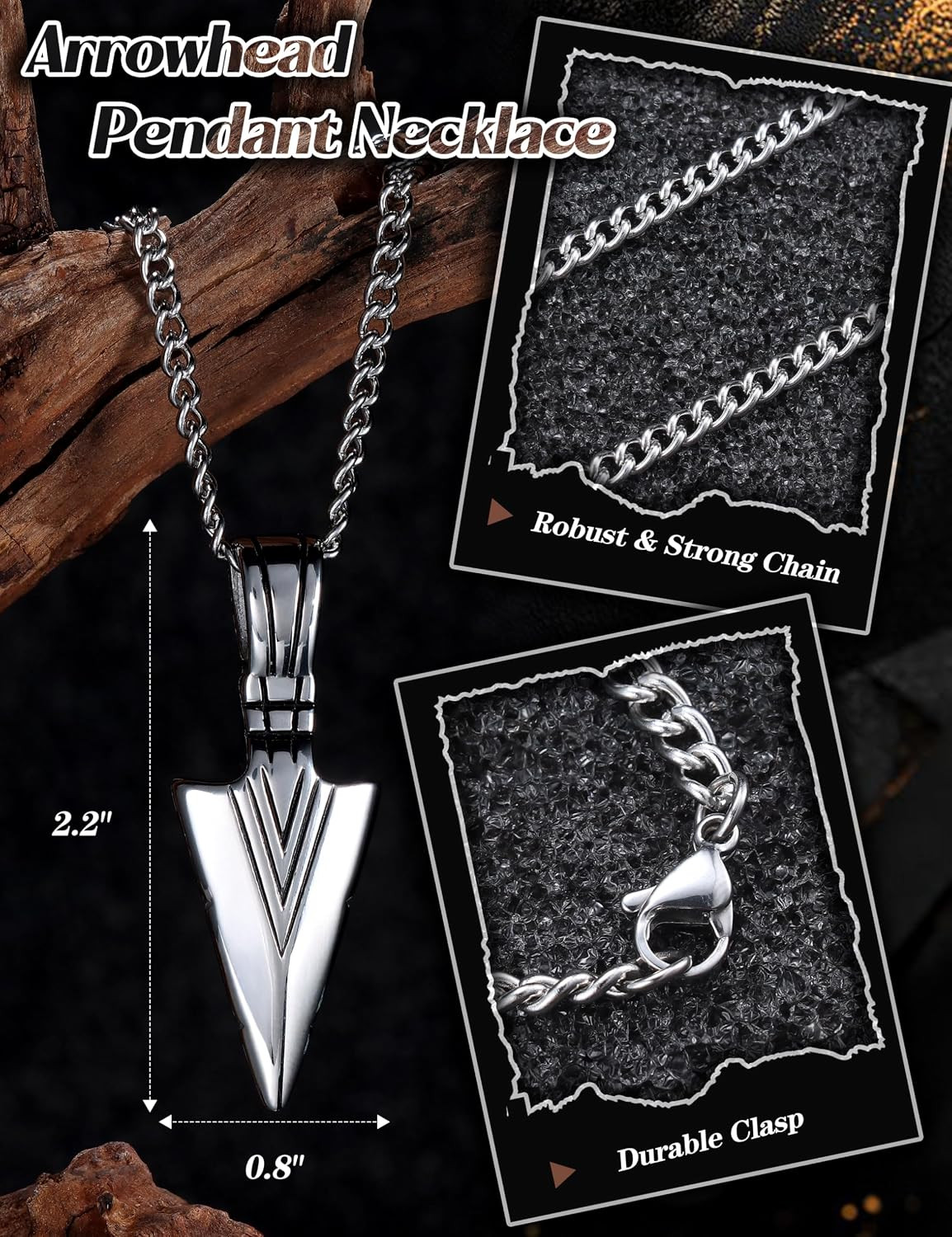 Stainless Steel Pendant Necklace for Mens Cool Spearpoint Arrowhead Pendant Chai