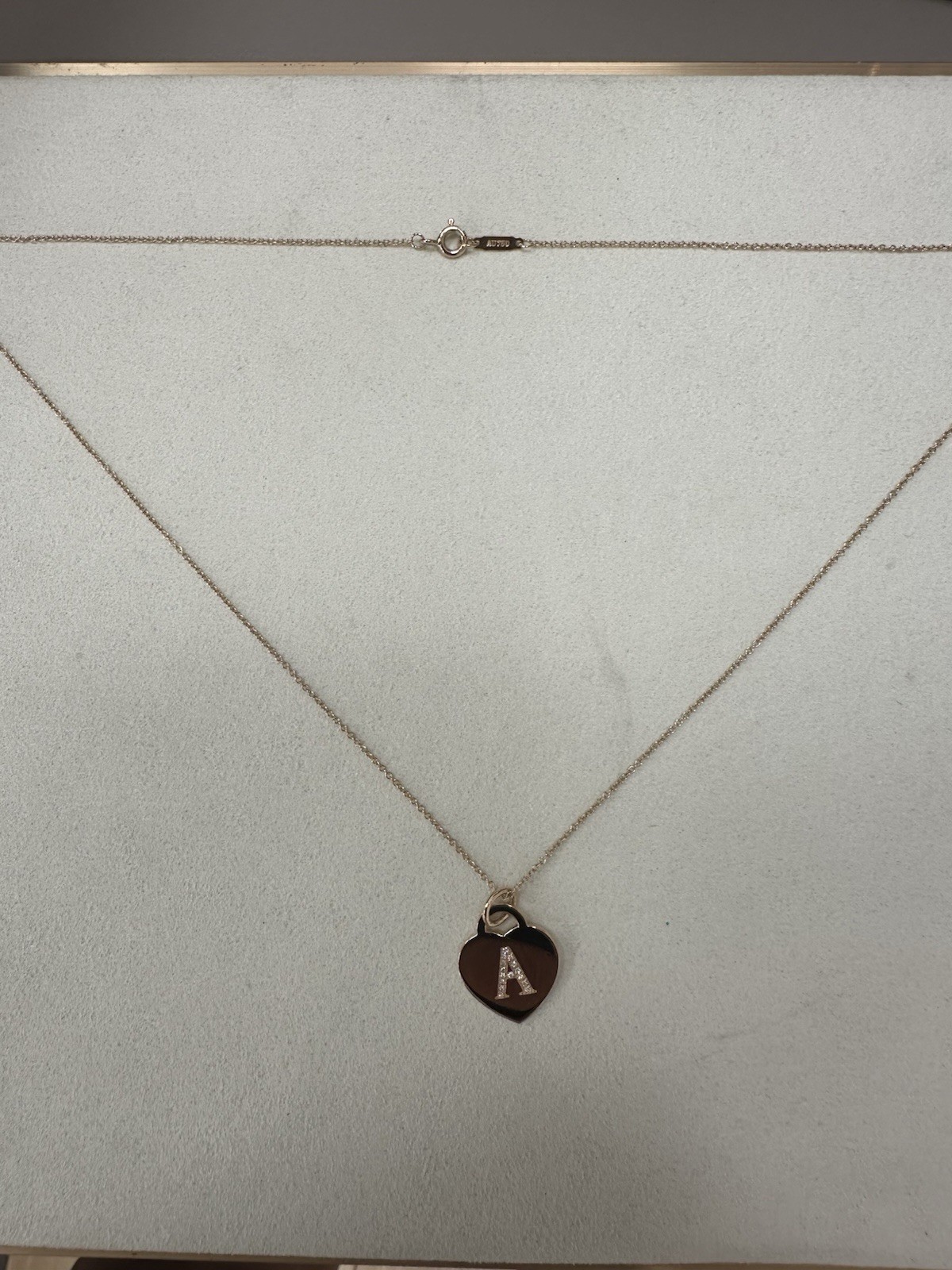 Tiffany & Co 18K Rose Gold Heart Tag Pendant Necklace w/ Alphabet Letter A