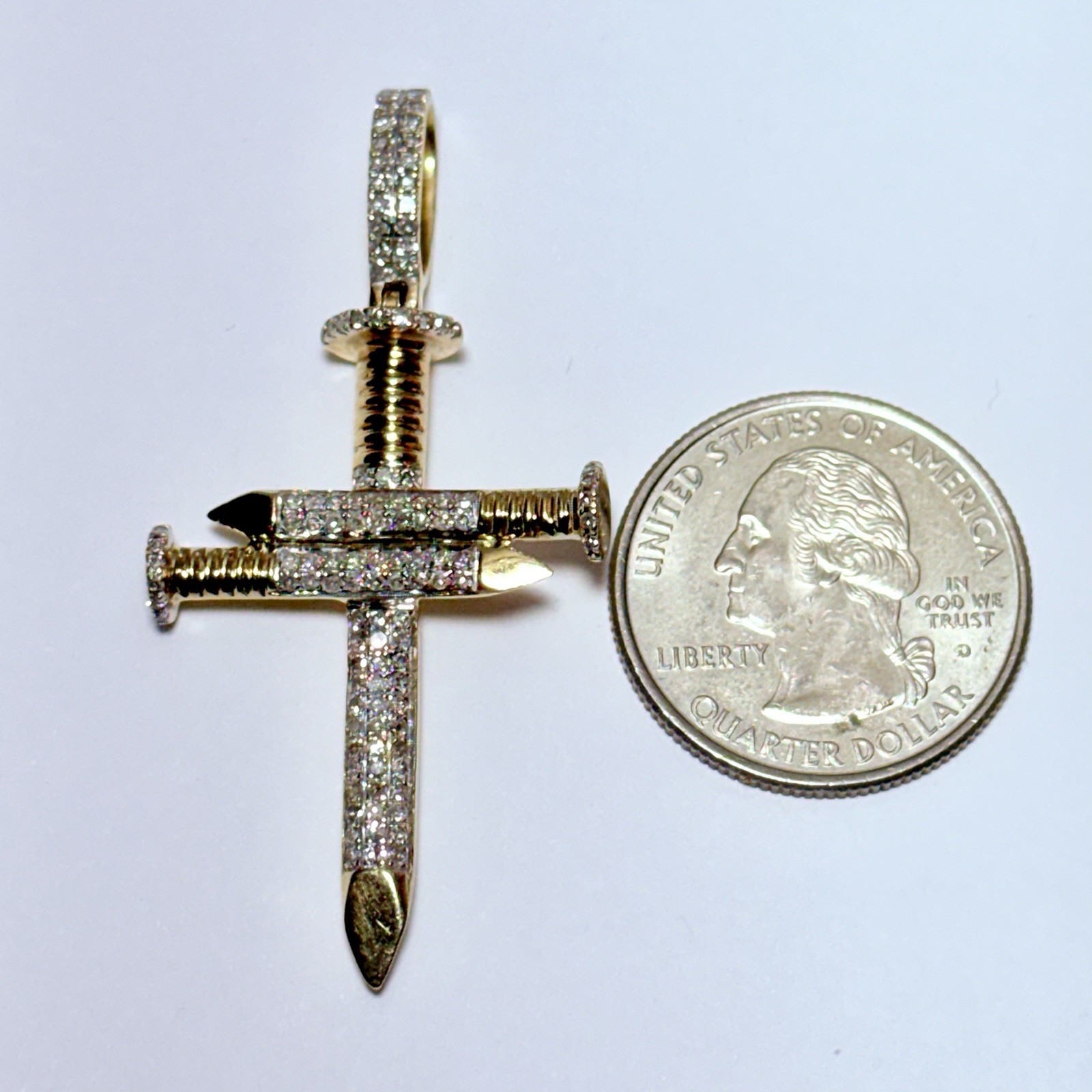 10K Yellow Gold 0.27ctw Pavé Diamond 52mm Nail Cross Pendant 8.4g