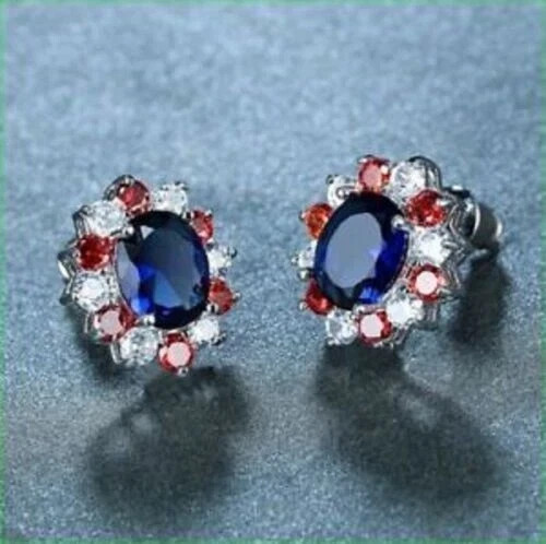 Women’s 2.20Ct Oval Simulated Sapphire Halo Stud Earring 14K White Gold Plated