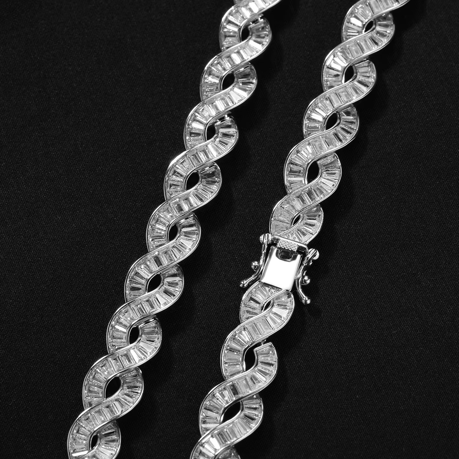 5AAA+ CZ Ice Out Hop Hip Baguette DNA Chain Twist Link Infinity Wrapped Chain