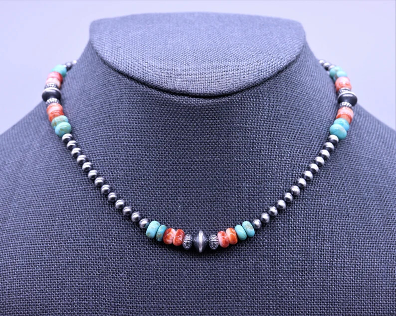 Kingman Turquoise and Spiny Oyster Necklace | Sterling Silver Navajo Jewelry