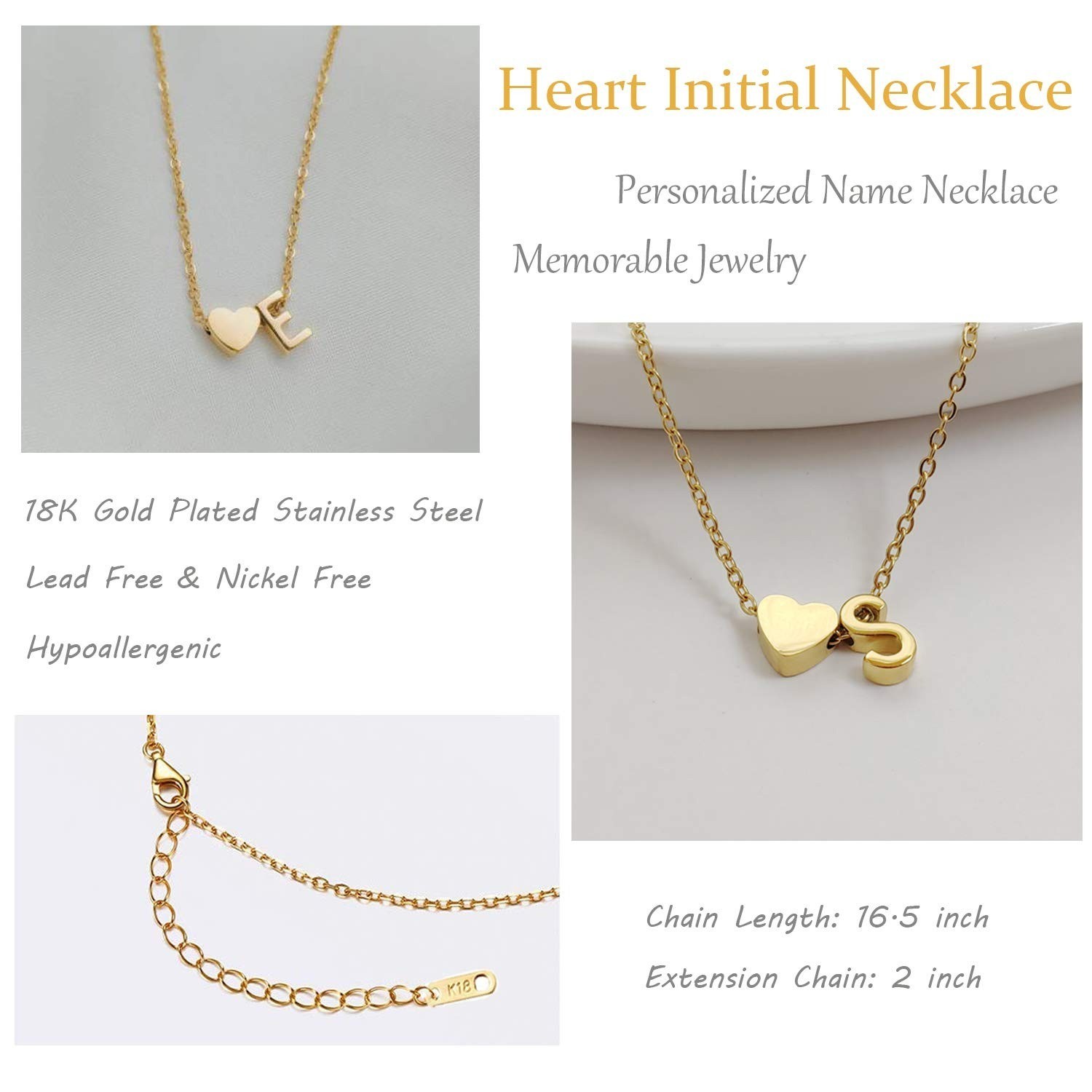 Glimmerst Initial Heart Necklace 18K Gold Plated Personalized Jewelry