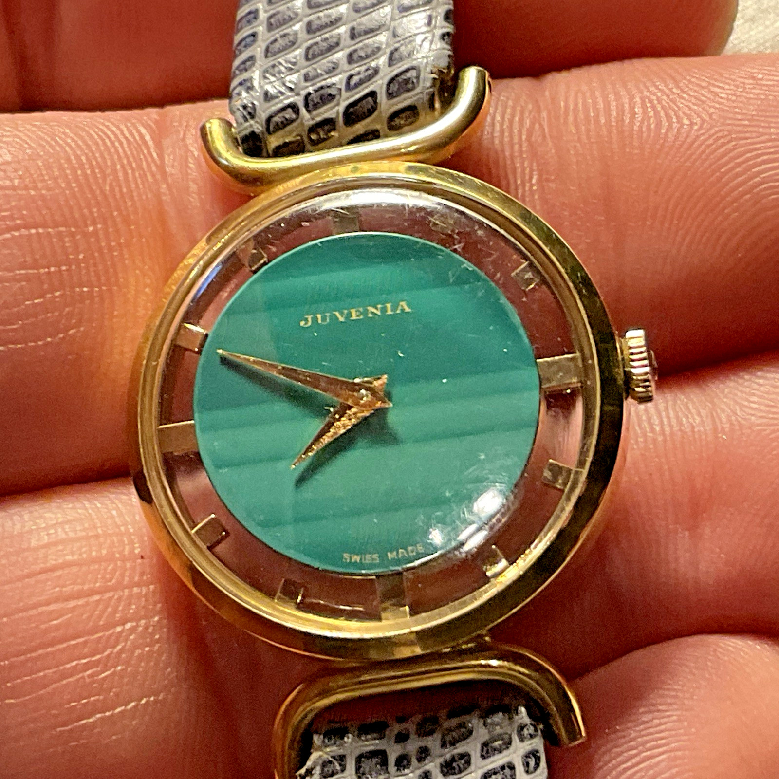 Gold Juvenia Watch Exhibition Back 27mm 1970’s Green Waves / Malachite Dial