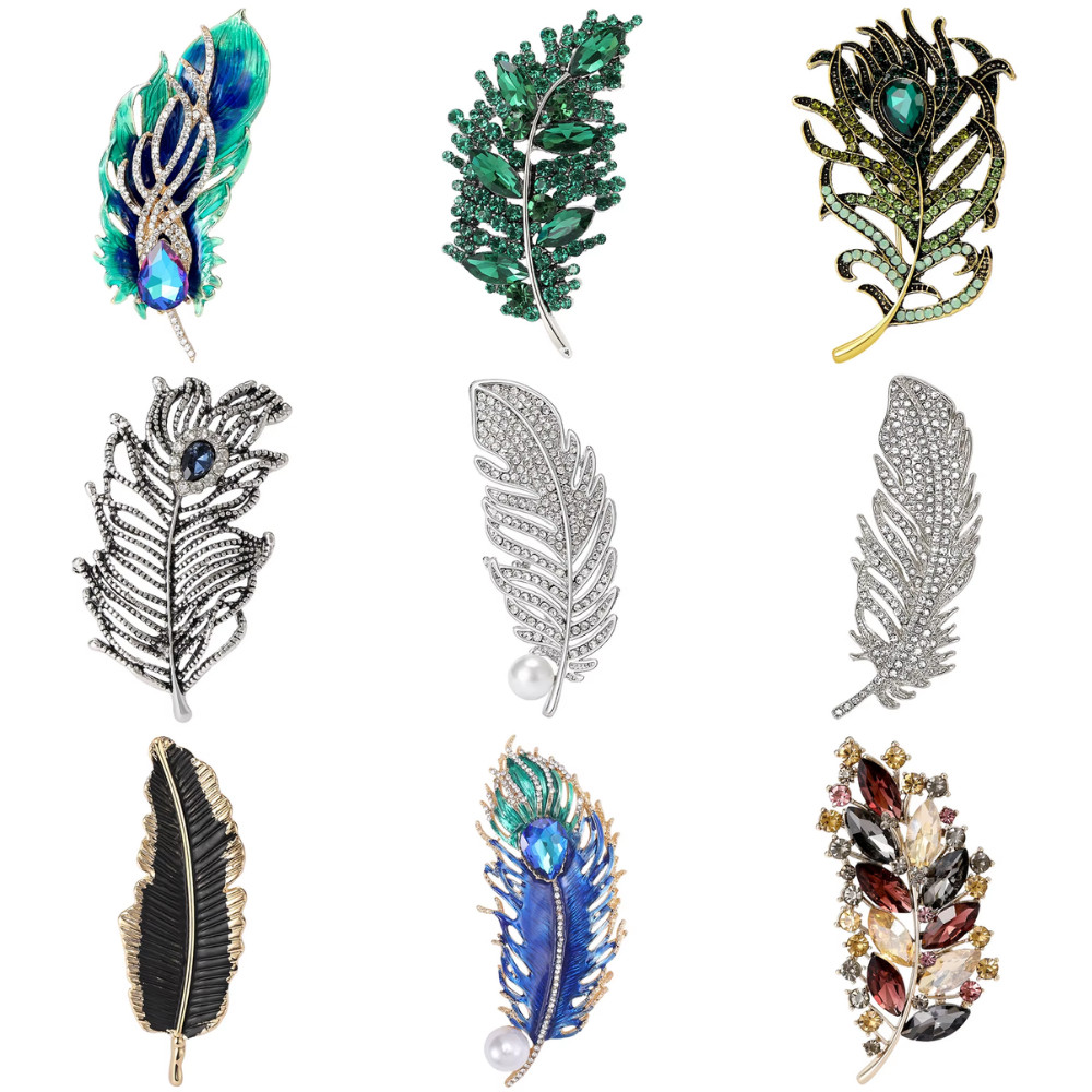 Green Feather Brooch Pin Rhinestone Crystal Gold Tone Statement Jewelry Gift