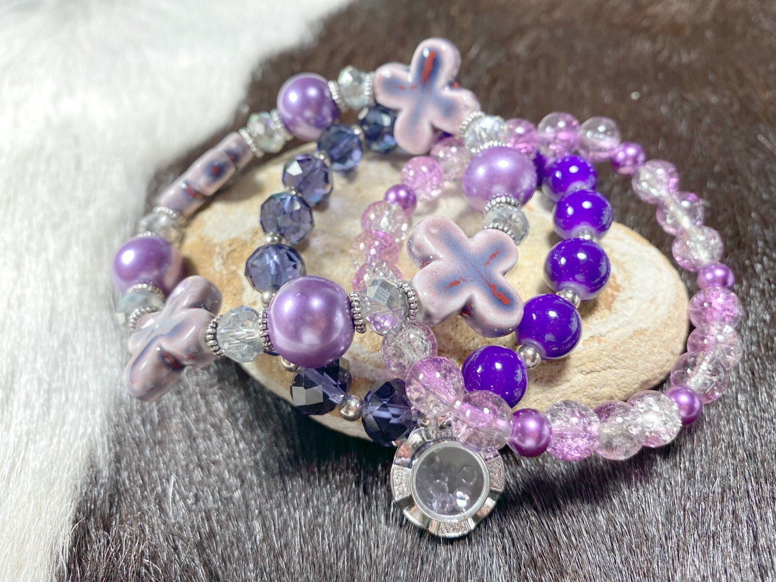 Stackable Beaded Bracelets PURPLE crystal charms Beaded Stretch Bracelet 3 pcs