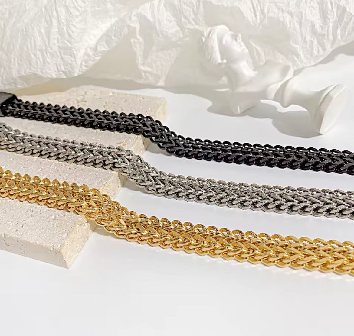 Men’s Woven Chain Bracelet Stainless Steel Gold Silver Black Hip Hop Jewelry
