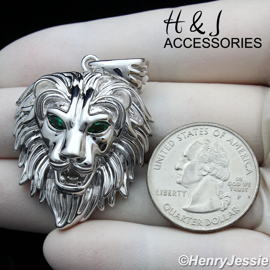 MEN 925 STERLING SILVER PLAIN GREEN CZ EYE SILVER LION FACE CHARM PENDANT*ASP364