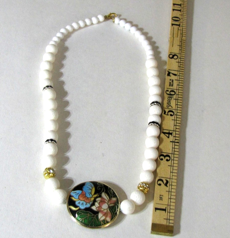 Vintage Cloisonné Butterfly Lotus Pendant Necklace White Sponge Coral Glass Bead