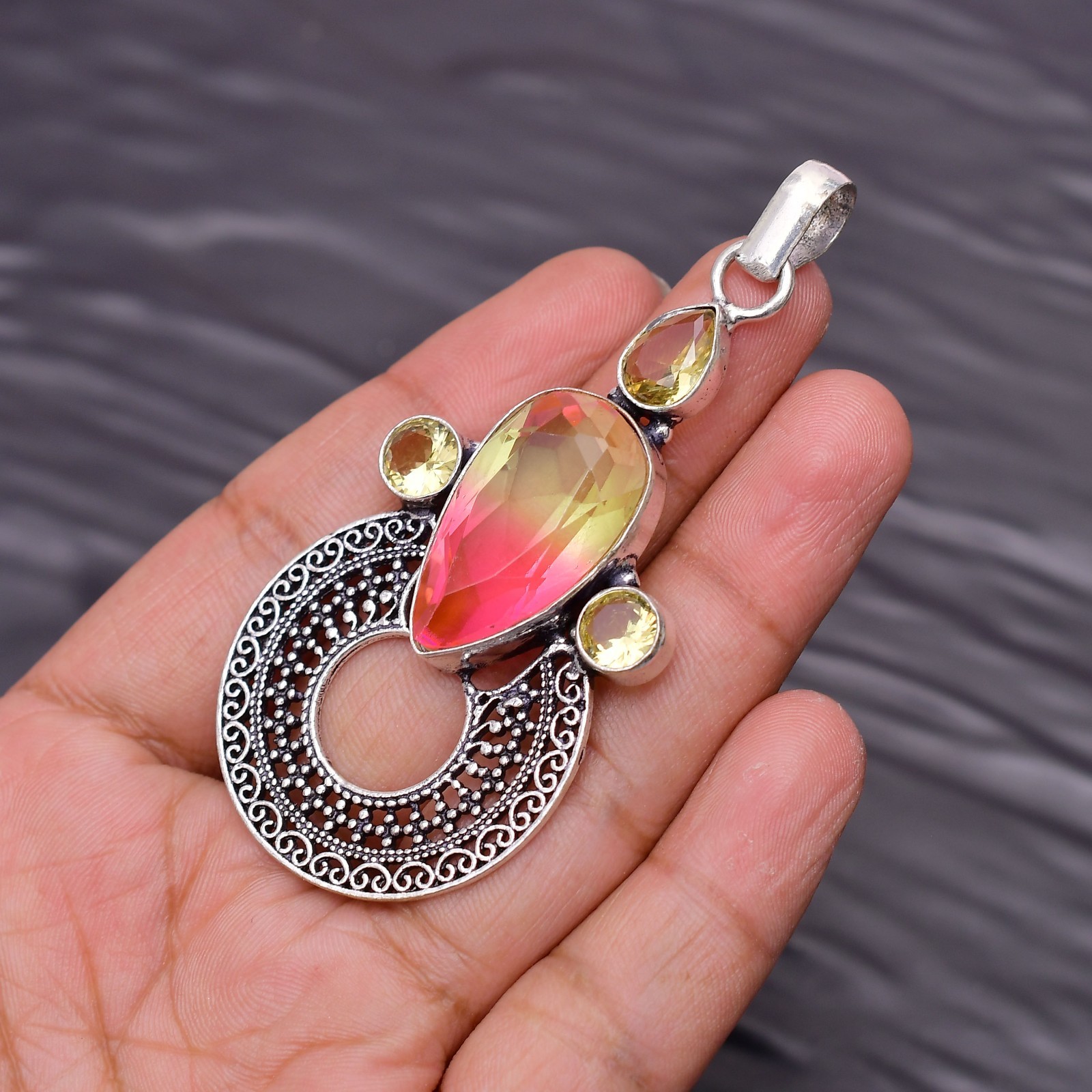 Bi Color Tourmaline Gemstone 925 Sterling Silver Jewelry Pendant 2.99″