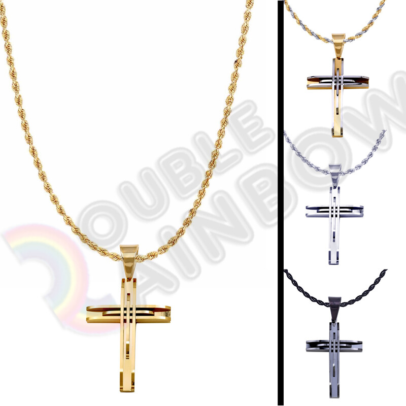 Men Stainless steel Gold Silver Black Cross Pendant Rope Necklace Chain 11P02