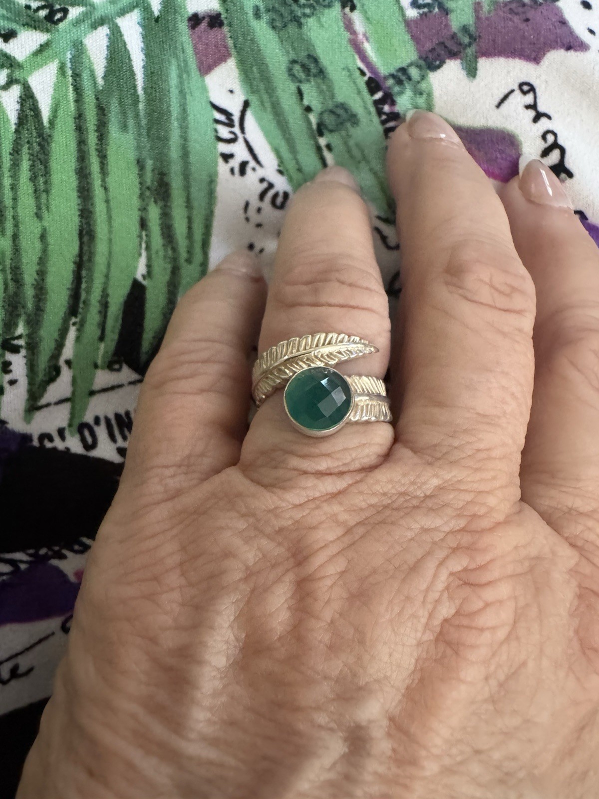 Sterling Silver 925 Green Faceted Stone Leaf Wrap Ring Boho Stunner Size 6.25