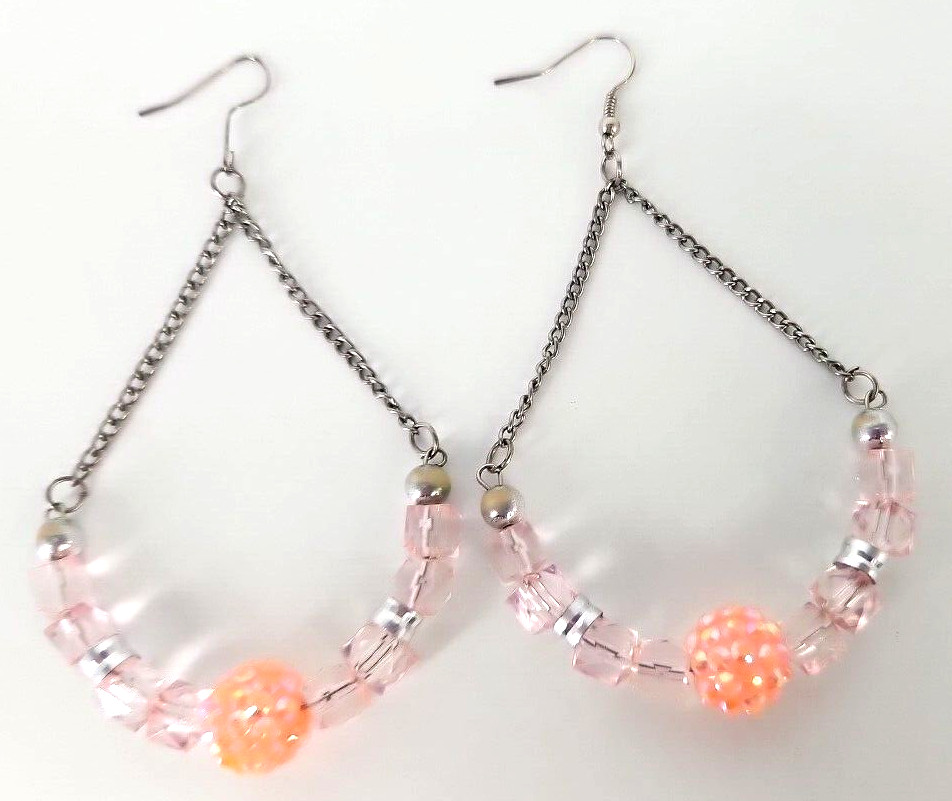 Chandelier Fashion Earrings Drop Dangle Beaded Pink Silver Tone 3.75 in.
