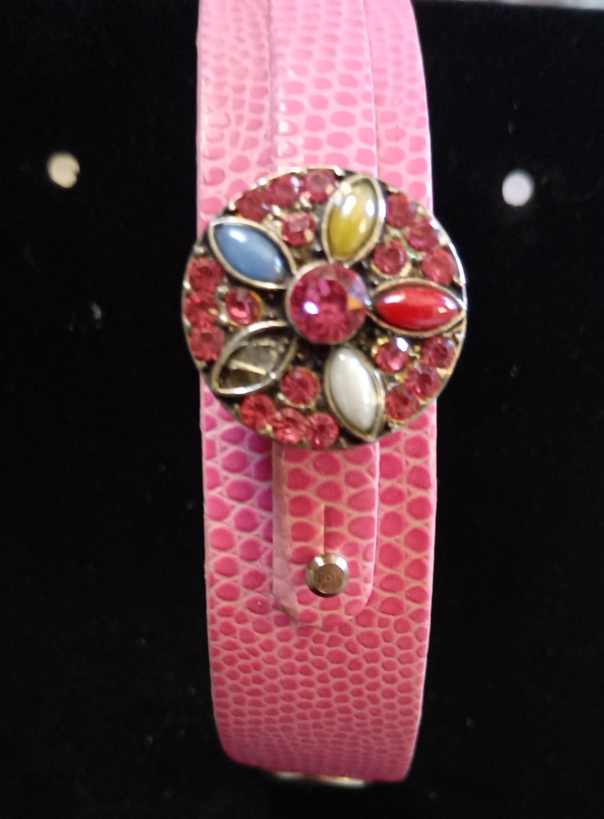 Pink Lizard Texture Faux Leather Snap Button Cuff Bracelet Floral Rhinestone Cha