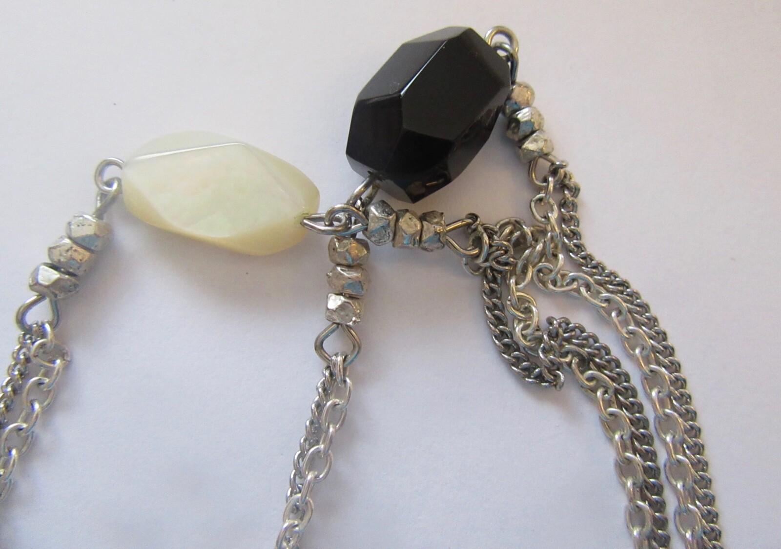 Fashion Necklace- double silver color chain- gray, white & black beads-36″ long