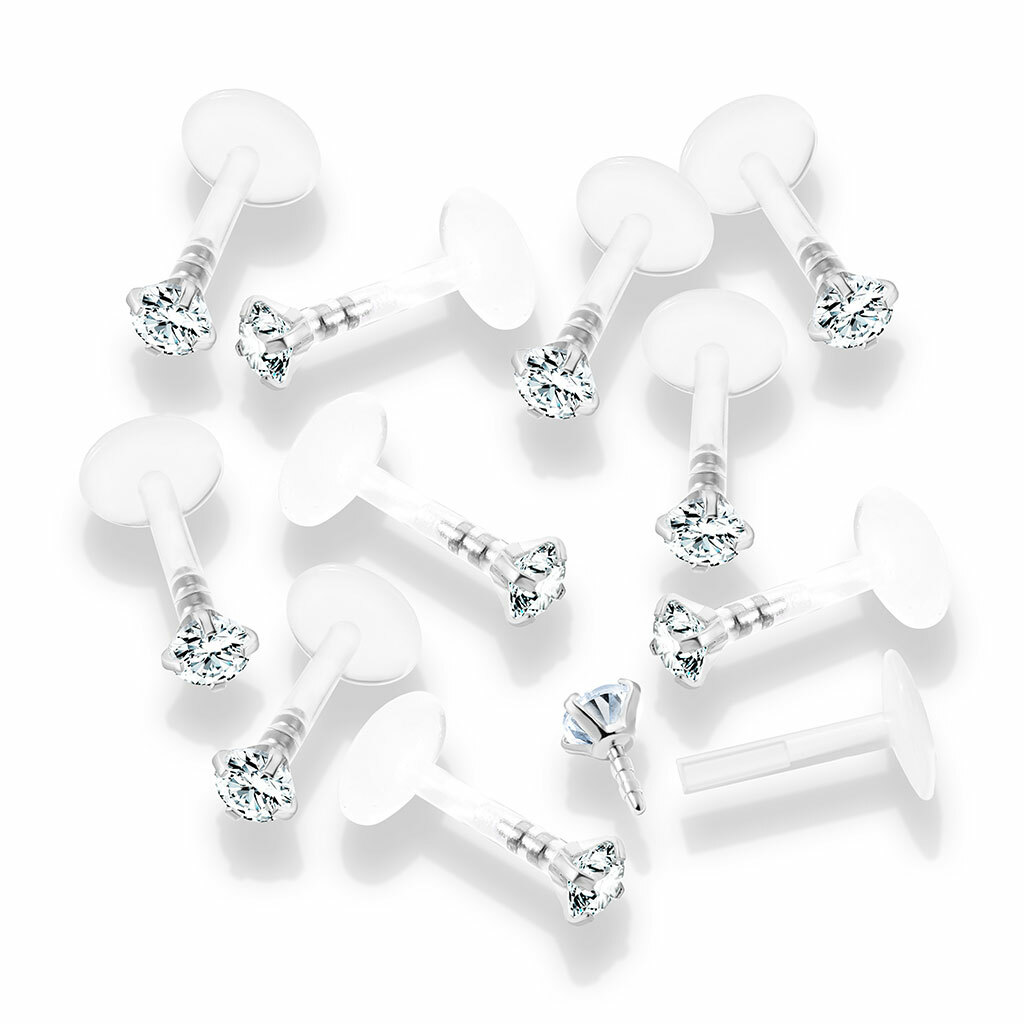10 Pc Prong Set CZ Bio Flex Push In Ear Cartilage Helix Labret MonroeTragus 16G