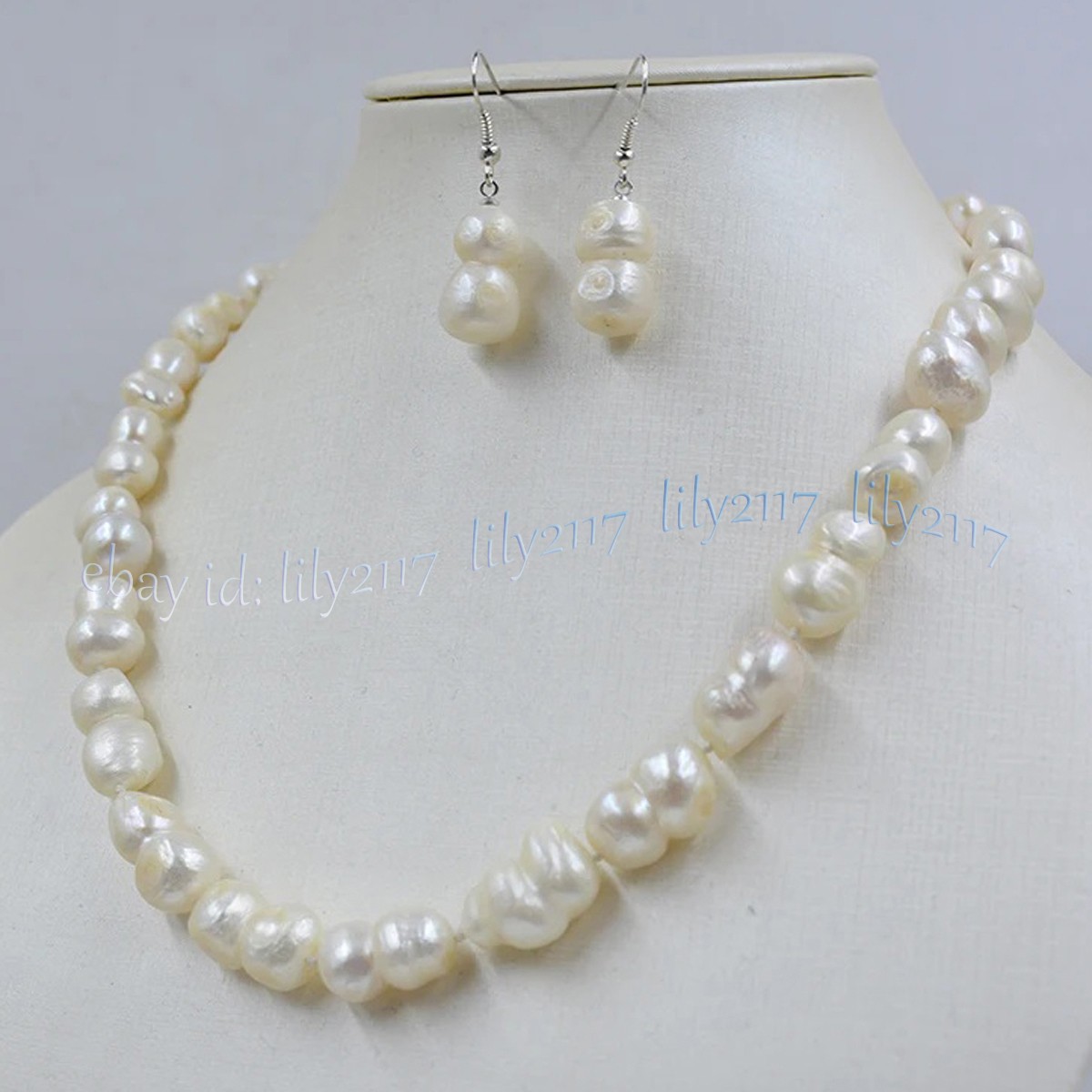 Rare Natural White Freshwater Baroque Double Pearl Necklace Earring Set 14-48 in